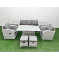 Fimous PE Rattan Garden Furniture Set Reclining Chair Sofa Lounge Sofa Set Adjustable Lifting Dining or Coffee Table 2 Side Table 2 Small Stools