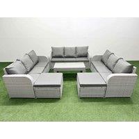 Fimous PE Rattan Lounge Sofa Set 11 Seater Outdoor Garden Furniture Set with Oblong Coffee Table 3 Seater Sofa 2 Big Footstools Light Grey