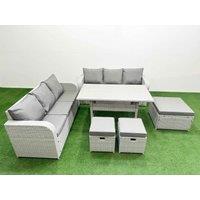 Fimous Outdoor Garden Furniture Sets 9 Seater Wicker Rattan Furniture Sofa Sets w/ Rectangular Dining Table high Back Lounge Sofa 3 Stools Light Grey