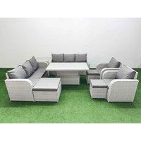 Fimous PE Rattan High Back Lounge Sofa Set Patio Adjustable Lifting Dining or Coffee Table & Chairs Set w/ 3 Seater Sofa Reclining Chair 3 Stools
