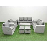 Fimous PE Rattan Garden Furniture Set Adjustable Chair Sofa Double Love Seat 2 Seater Sofa Lounge Set Rectangular Coffee Table 2 Stools 2 Side Table