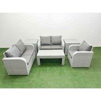 Fimous High Back Poly Rattan Garden Furniture Set w/ Reclining Chair Loveseat Sofa Oblong Coffee Table Indoor Outdoor Patio Set 2 Side Table Light