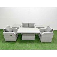 Fimous Light Grey PE Wicker Rattan Garden Furniture Set Sofa Set Reclining Chair Adjustable Lifting Dining or Coffee Table 4 Seater With 2 Side Table