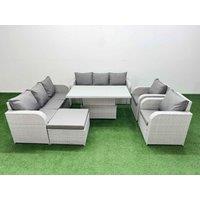 Fimous PE Rattan High Back Lounge Sofa Set Patio Adjustable Lifting Dining or Coffee Table & Chairs Set w/ 3 Seater Sofa Reclining Chair Big