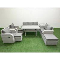 Fimous PE Rattan Garden Furniture Set Reclining Chair Sofa Double Love Seat 2 Seater Sofa Lounge Set Rectangular Dining Table 3 Stools Side Table