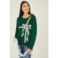 Yumi Women's Green Sequin Bow Knitted Jumper | Size: Large