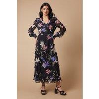 Oasis Women's Floral Printed Ruffle Midaxi Dress in True Black | Size: 10