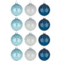 Shatchi Christmas Glass Baubles 12pcs Set - 8cm Blue & White Ornaments with 3 Stylish Assorted Designs in Bright Blue