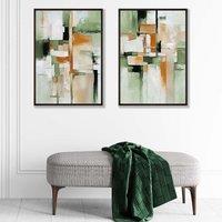 ARTZE Abstract Green & Orange Set of 2 Art Prints in Black Frames in Light Green | Size: W50 cm x H70 cm