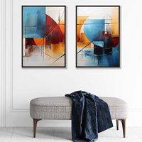 ARTZE Abstract Colourful Watercolour Shapes Set of 2 Art Prints in Black Frames in Bright Blue | Size: A2