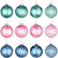 Shatchi Christmas Glass Baubles 12pcs Set - 8cm Green, Pink & Blue with 12 Assorted Festive Designs in Green
