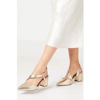 Wallis Women's Wide Fit Eve Asymmetric Strap Block Heel Pointed Court Shoes in Gold | Size: 5
