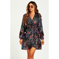 FS Collection Women's Abstract Floral Print Wrap Mini Dress In Black | Size: Small