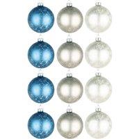 Shatchi Christmas Marble Glass Baubles 12pcs Set - 8cm with 3 Unique Assorted Designs in Blue