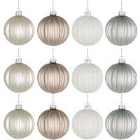 Shatchi Christmas Glass Baubles 12pcs Set - 8cm Pearl Champagne, White & Silver with 4 Elegant Designs