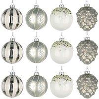 Shatchi Christmas Glass Baubles 12pcs Set - 8cm Ornaments with 4 Stunning Assorted Designs in Silver