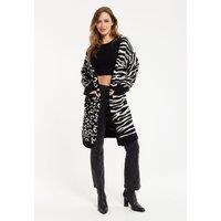 Liquorish Women's Animal-Print Contrast Long Cardigan in Black&White in Black | Size: Medium/Large