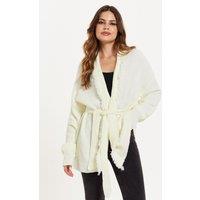 Liquorish Women's Open Front Cream Cardigan With Fringe Details in White | Size: Large