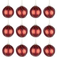 Shatchi Christmas Glass Baubles 12pcs Set - 8cm Red Ornaments with 2 Beautiful Festive Designs