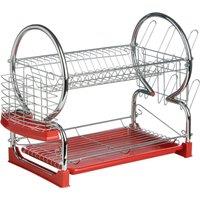 Orsina 2 Tier Dish Drainer With White Plastic Tray, Chrome Rack For Drying Plates, Cups & Cutlery, Removable in Red