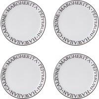 Orsina Monochrome Set of Four Pizza Plates, Porcelain Black Embossed Plates With Raised Edges, Easy-to-Clean Crockery in White