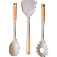 Orsina 3pc Kitchen Tool Set with Stone Grey Silicone Heads, Kitchen Gadget Set, Non-Scratch Utensils With Wooden Grip