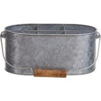 Orsina Oblong Caddy, Rustic Metal Storage Caddy With Wooden Handle, Ideal For Organising Cleaning Supplies in Silver