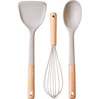 Orsina tone Grey Silicone Head 3pc Kitchen Tool Set, Heat Proof Spoon, Whisk & Turner, Culinary Kit With Wooden Grips