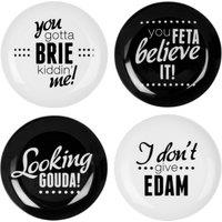 Orsina Set Of Four Cheese Plates, Black & White Cheese Board Plates For Kitchen, Serving Plates With Cheese Slogans