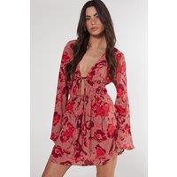 NastyGal Women's Floral Ruched Tie Front Fluted Sleeve Tunic Dress in Pink | Size: 6