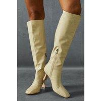 MissPap Women's Leather Look Croc Wide Heel Boots in Cream | Size: 6