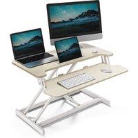 VonHaus Height Adjustable Light Wood Standing Desk Converter with Keyboard Shelf in Light Brown