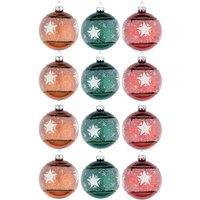 Shatchi Christmas Glass Baubles 12pcs Set - 8cm Orange, Green & Red with 3 Vibrant Designs in Orange