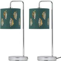 First Choice Lighting Set of 2 Arched Table Lamps with Dark Green Fern Cut Out Shades in Silver