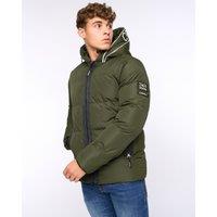 Crosshatch Sandbox Men's Hooded Puffer Jacket with Textured Chest Panel in Olive | Size: Large