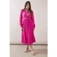 Wallis Women's Occasion Lace Insert Pleated Midi Dress in Magenta Pink | Size: 16