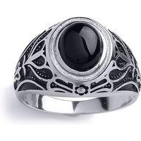 Jewelco London Men's Mens Silver Black Oval Onyx Carved Cabochon Signet Ring - GVR746 in White | Size: T