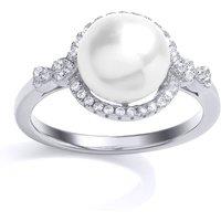 Jewelco London Women's Silver CZ Pearl Halo Full Moon Dress Ring 10mm | Size: R