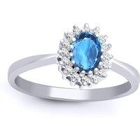 Jewelco London Women's 9ct White Gold Diamond Blue Topaz Classic Royal Cluster Ring 9mm in Silver | Size: Small
