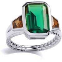 Jewelco London Women's Silver Green Brown Emerald Trapezoid CZ Rope Edge Art Deco Ring | Size: Q