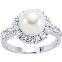 Jewelco London Women's Silver CZ Pearl Halo Full Moon Dress Ring 10mm | Size: R