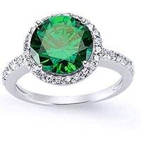 Jewelco London Women's Silver Green CZ Halo Engagement Ring | Size: Medium