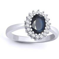 Jewelco London Women's 9ct White Gold Diamond Sapphire Classic Royal Cluster Ring 11mm in Silver | Size: R