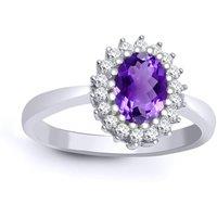 Jewelco London Women's 9ct White Gold Diamond Amethyst Classic Royal Cluster Ring 11mm in Silver | Size: Small