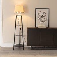 ValueLights Hiru Black 3 Tier Wooden Shelf Floor Lamp with Scallop Edge Shade in Burnt Orange