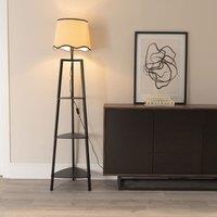 ValueLights Hiru Black 3 Tier Wooden Shelf Floor Lamp with Scallop Edge Shade