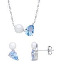 Jewelco London Women's Silver Blue Pearl CZ Baby Seal Toi et Moi Earrings Necklace Set