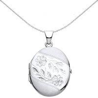Jewelco London Women's Silver Flower Leaves Engraved Ribbon Satin Oval Locket Necklace - LK57 in White