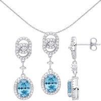 Jewelco London Women's Silver Blue Oval CZ Double Halo Raindrop Earrings Necklace Set