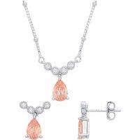Jewelco London Women's Silver Peach Pear CZ Bead Halo Cluster Drop Earrings Necklace Set